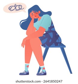 Sad young girl sits on stool in sad pose, with her shoulders slumped and her head resting on her back. Bubble next to her symbolizes confused thoughts or accumulated problems. 