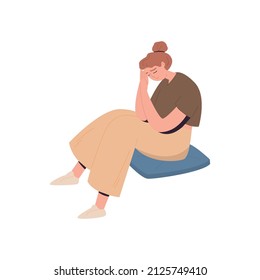 Sad young girl is sitting with her head down. An unhappy female depressive is consumed by grief. The woman is in a bad mood. Cartoon vector illustration on an isolated white background.