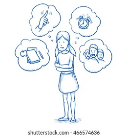Sad young girl standing with arm around her with thought bubbles of her worries. Hand drawn cartoon doodle vector illustration.