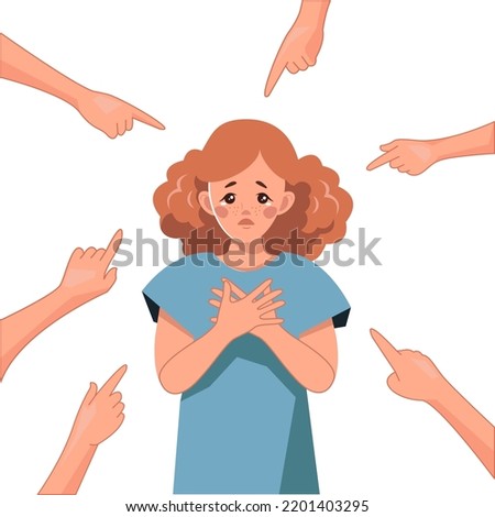 A sad young girl surrounded by hands pointing fingers at her. Public censure and alienation, loneliness and accusation, the position of the victim. Vector illustration in cartoon style
