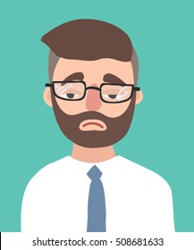 A Sad Young Hipster Man With The Beard Vector Flat Design Illustration Isolated On Aquamarine Background. Melancholy Office Worker. Depressive Businessman With Glasses