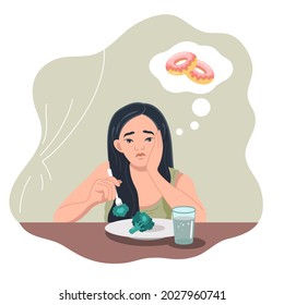 A sad young Korean woman is sitting at the table with a plate of broccoli and dreams of a donut. Healthy lifestyle and bad habits. The concept of fitness and diet. Vector illustration.