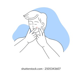 Sad young man with acne and pimples on face, infection trouble vector illustration