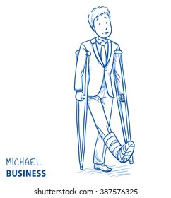 Sad young man in business clothes with broken leg and crutches. Hand drawn line art cartoon vector illustration.