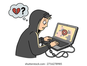 Trauriger junger Mann, der an einen Laptop angekettet ist, der unter Internetsucht und Online-Herzschmerzen leidet. Vektorgrafik eines depressiven männlichen Charakters, der über ein gebrochenes Herz nachdenkt, während es von Technologie gefangen ist, die Burnout in den sozialen Medien, Probleme mit Cyberbeziehungen und Probleme mit der psychischen Gesundheit repräsentiert.