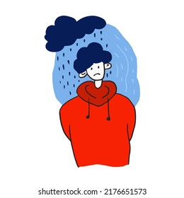 Trauriger junger Mann mit einer trendigen Cloud-Doodle-Vektorgrafik. Schlechte Laune, verärgerter Junge, männlich, Student in Heide im Regen auf weißem Hintergrund. Konzeption des Konzepts Psychologie-Depression