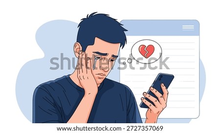 Sad young man crying while looking at his smartphone displaying a broken heart icon indicating a relationship breakup or rejection.