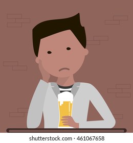 Sad young man with a glass of beer sitting at the bar. Depression, loser sign. Tired or upset person. Vector illustration flat design