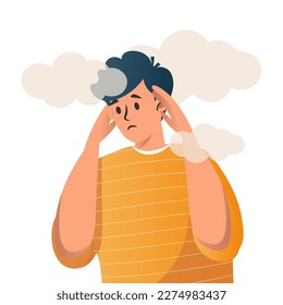 A sad young man has a clouded mind. A depressed teenager boy suffers from temporary memory loss and confusion. Unhappy depressed man in grief, sorrow, sadness. Psychology concept vector illustration