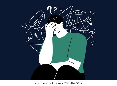 Sad young man having restless stressed expression on face and crying of stress. Obsessive compulsive, anxiety disorder concept. Vector illustration
