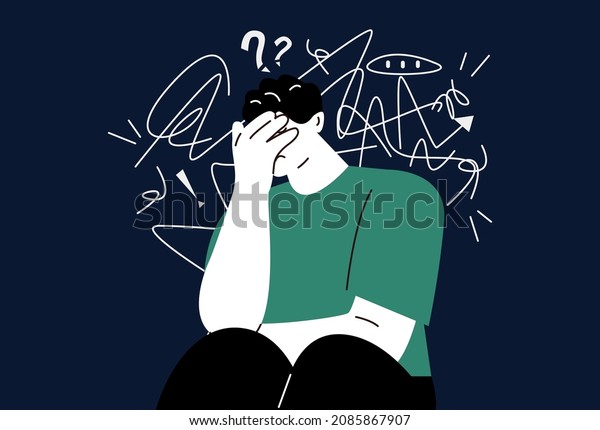 Sad young man having restless stressed\
expression on face and crying of stress. Obsessive compulsive,\
anxiety disorder concept. Vector\
illustration\
