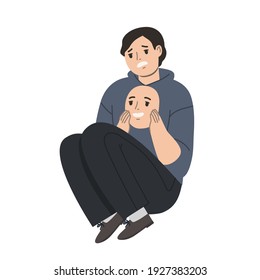Sad young man hiding true emotions and psychological problems behind happy mask. Vector hand drawn cartoon flat style illustration 
