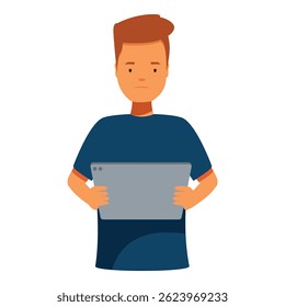Sad young man holding digital tablet, frustrated student using wireless device