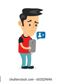 Sad young man holding smartphone mobile phone with sign no friends.Vector modern flat style cartoon character illustration icon design.Isolated on white background. failure in social media network