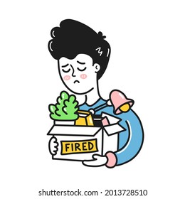 Sad young man holding stuff in box with fired sign. Vector hand drawn doodle cartoon character illustration icon. Isolated on white background. Man fired from work concept