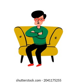 A sad young man on the sofa. Tired and upset Person in stress on Psychology consultation. Doodle style flat vector illustration.