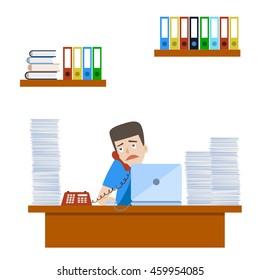 Sad young man with paper pile on the table answering the phone call. Concept for lots of office work or stressful occupation. Vector flat illustration, cartoon style.