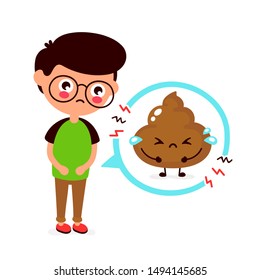 Trauriger junger Mann mit wahnsinniger Problemstellung. Vektorillustration flaches Cartoon-Illustrationssymbol-Design. Einzeln auf weißem Hintergrund. Diarrhö-Problem, schmerzhaftes Konzept