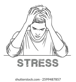 sad young man sitting with head down one line art vector sketch expressing stress frustration and loneliness