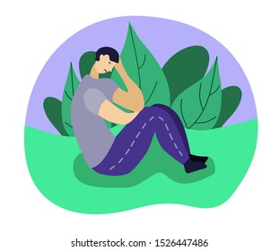 Sad young man sitting on the ground. A man crying. Upset boy looking down. Depression psychology concept. Flat character vector illustration.