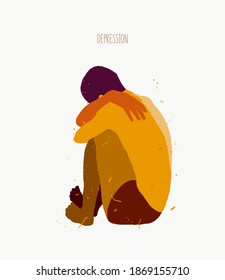 Sad young man sitting on the floor alone. Loneliness, depression,  isolation, sadness. FLat vector illustration