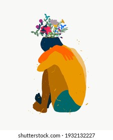 Trauriger junger Mann, der auf dem Boden saß, mit Blumen im Kopf. Einsamkeit, Depression, Isolation, Traurigkeit. Flache Vektorgrafik