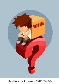 Sad young man sitting on a big red question with box of problems 