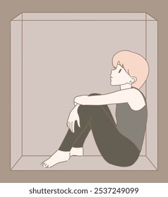 Triste jovem sentado em caixinha. O homem desanimado está preso. Desenhado à mão ilustração de vetor de personagem plano de desenho animado. 