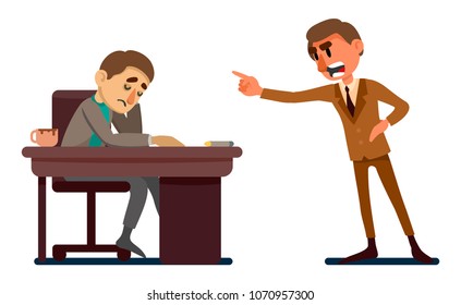 sad young man sitting at the table. his boss scolds him. vector illustration