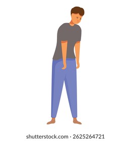 Sad young man is standing with his head down, feeling depressed and alone