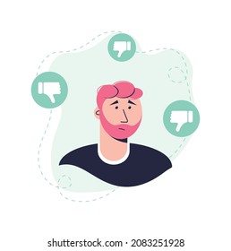 Sad Young Man Surrounded By Hands With Thumbs Down. Sad Male Character Avatar. Guilt, Shame And Social Disapproval Concept. Flat Vector Illustration Isolated On White Background.