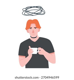 Sad young man vector illustration. Depressed flat character - red head man holding coffee cup.