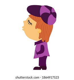 Sad young man in a violet and lilac cap with a visor, closed eyes in a coat with a dark violet collar and sleeves.