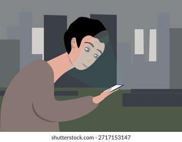 Hombre joven triste que camina afuera mientras que mira el teléfono, Ilustración vectorial plana