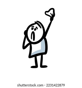 A sad young man waves goodbye with a white handkerchief with sadness on his face. Vector illustration of upset stickman character.