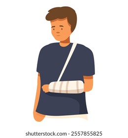 Sad young man wearing an arm sling for his broken arm, medical treatment concept