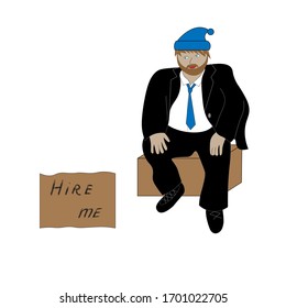 Sad young man who had lost his work because of coronavirus  is sitting on the box. Sign 