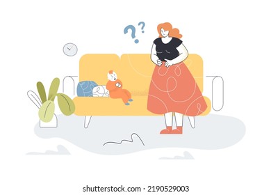 Sad Young Mother Standing Near Crying Baby. Depressed Tired Woman With Question Mark With Flat Vector Illustration. Postpartum Depression, Family Concept For Banner, Website Design Or Landing Web