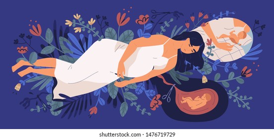 Sad young pregnant woman lying on blooming flowers, thinking of her unborn baby and making choice. Concept of abortion, unhappy pregnancy, maternal health. Flat cartoon colorful vector illustration.