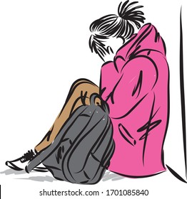 SAD YOUNG TEENAGER GIRL WITH BACKPACK SITTING DOWN VECTOR ILLUSTRATION