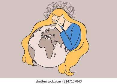 Triste joven ucraniana, de colores nacionales, abrazando el planeta Tierra, defiende la paz en Ucrania. Niña descontenta de luto y dolor por la tierra. Detengan la guerra, detengan la agresión rusa. Ilustración vectorial plana. 