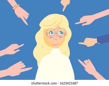 Sad young woman being bullied at work, fingers pointing at her. Discrimination and bullying, stress and pressure, public censure and victim blaming.