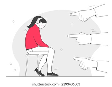 Sad young woman being judged by different people pointing fingers at her. Shame, stress and anxiety, victim-blaming. Outline illustration