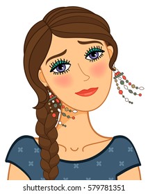 Sad young woman with braid and long earrings