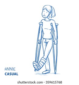 Sad young woman in casual clothes with broken leg and crutches. Hand drawn line art cartoon vector illustration.