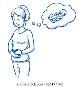 Sad young woman in casual clothes holding her belly wishing for a baby or being unhappy with the thought of her pregnancy. Hand drawn line art cartoon vector illustration.