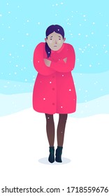Sad young woman coldly dressed in winter season. Freezing girl wearing red coat and shoes standing on snow. Avoiding hypothermia at cold weather vector illustration. Not dressed for the weather girl