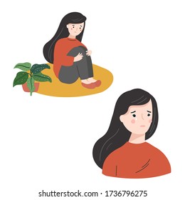 Sad young woman collection.  Flat vector illustration. Crying woman hugging her legs
