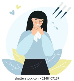 A sad young woman is crying against the backdrop of hostilities. The girl suffers, covering her mouth with a handkerchief. The concept of grief, suffering, pain of loss. Flat isolated design. Vector.