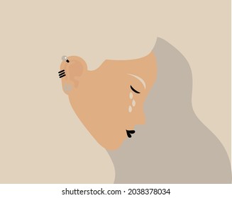 Sad young woman is crying and looks depressed. Side view of weeping girl emotions grief. Stressed child with piercings in the ear. Mental health disorders, abused teenager concept. Vector illustration